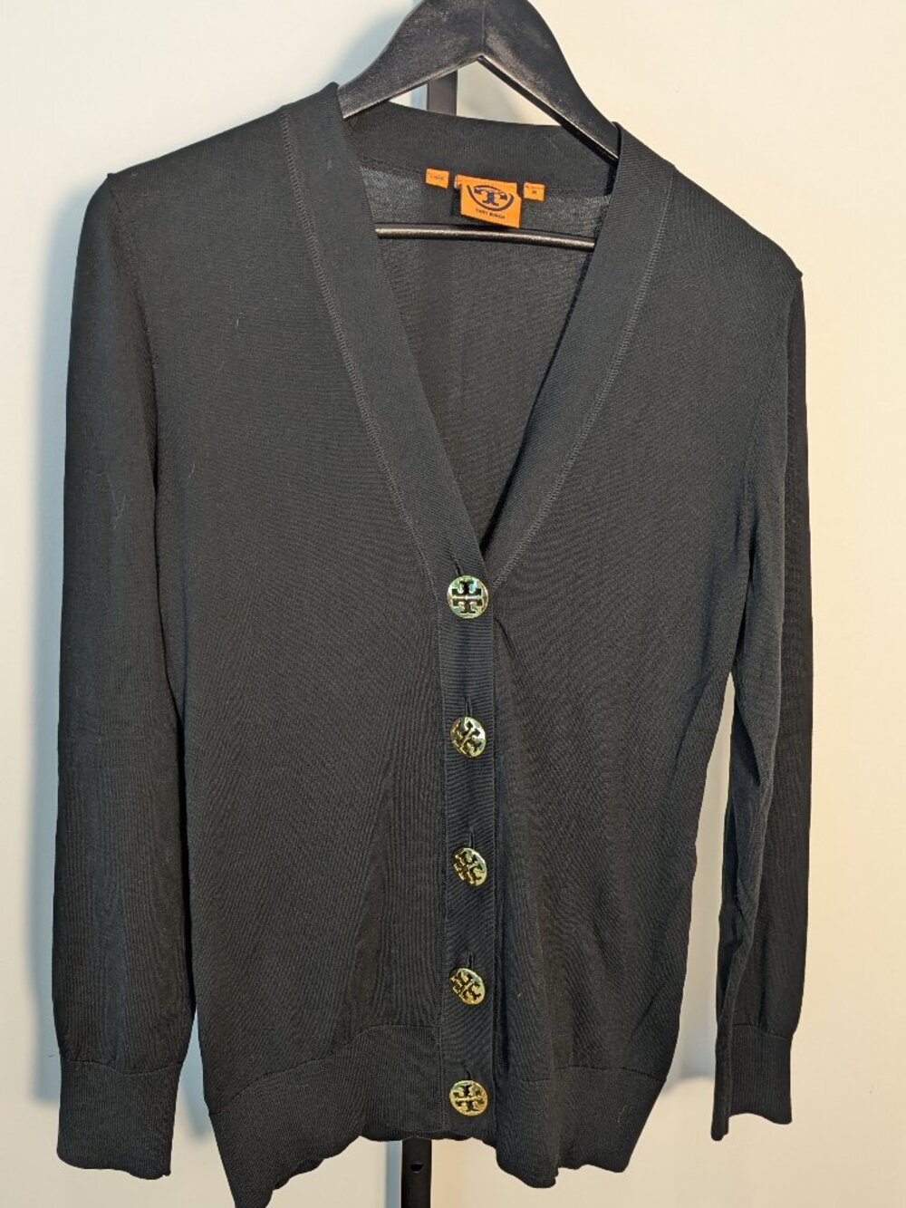 Tory Burch Simone Black Cotton Cardigan Gold Logo Button Sweater | Sz M
